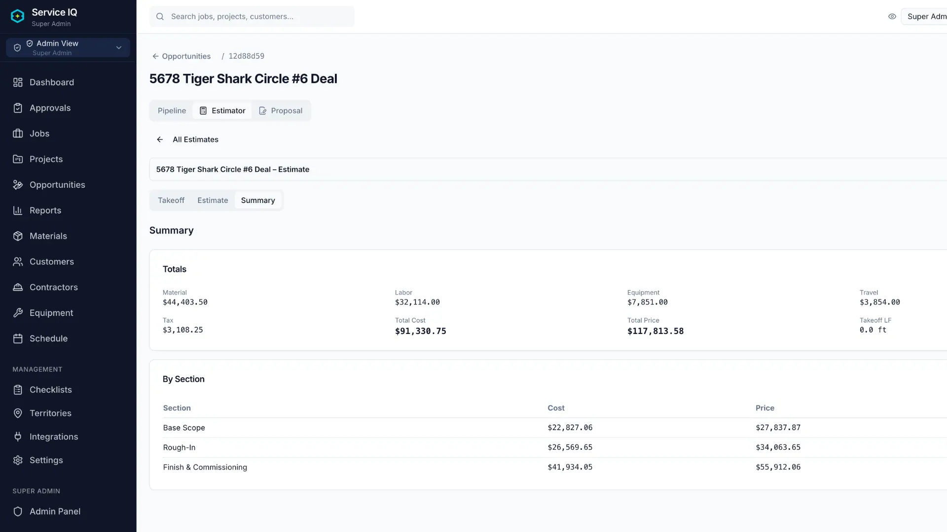 ServiceIQ guided proposal builder with scope, pricing, and terms steps