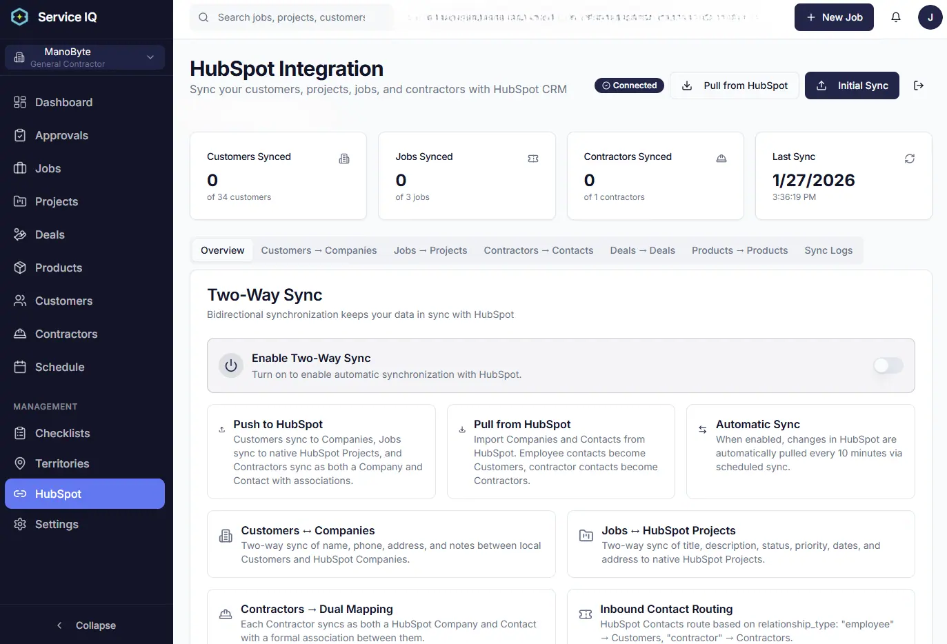 ServiceIQ HubSpot two-way sync overview