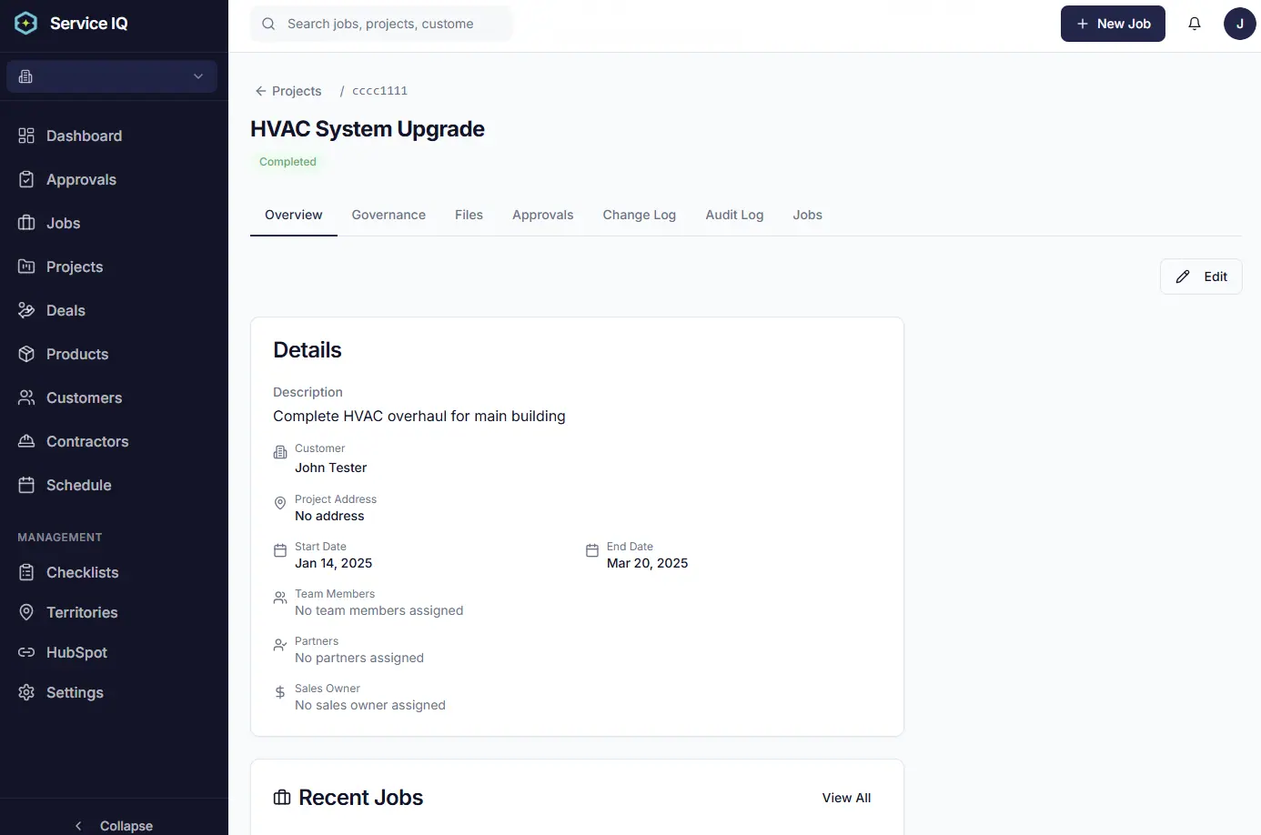 ServiceIQ project audit trail and change log