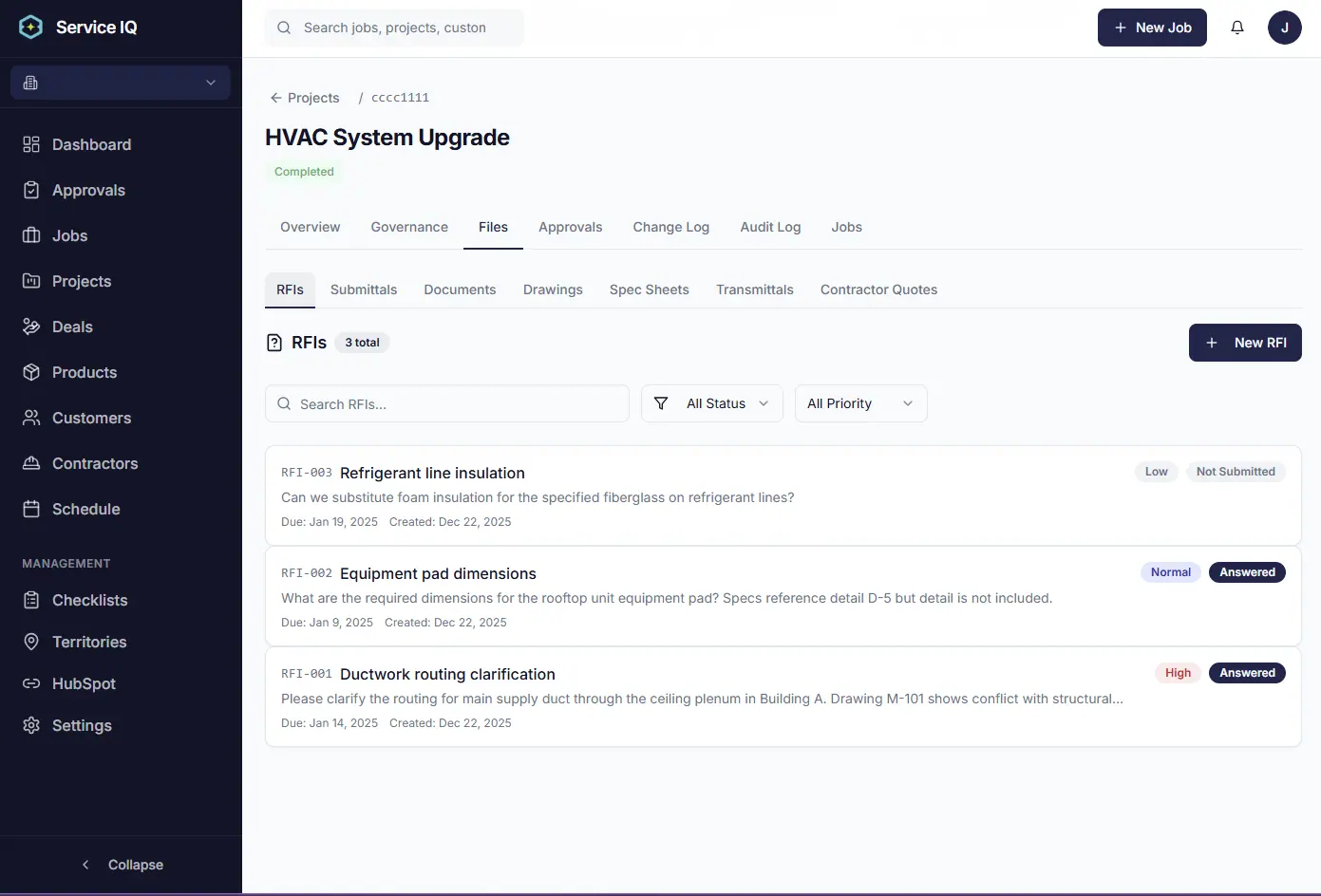 ServiceIQ RFI list with priority and status